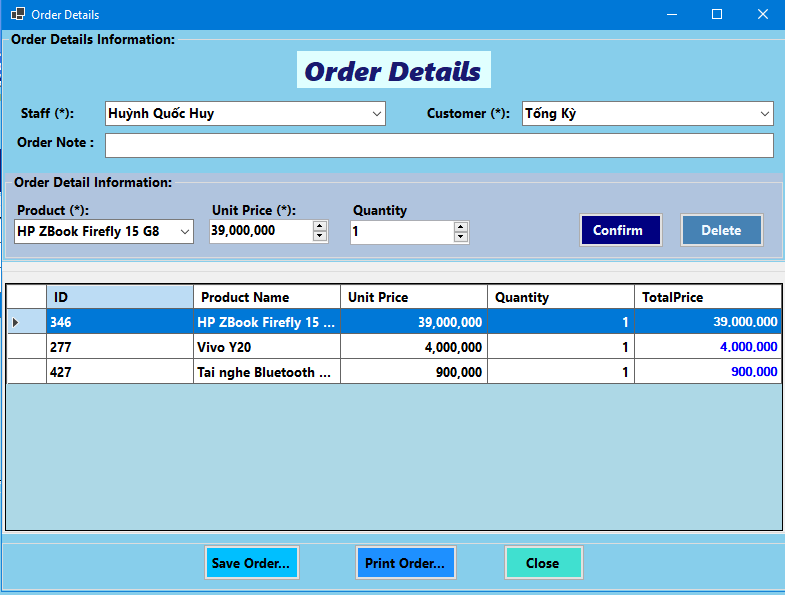 Screenshot of the Order Details screen